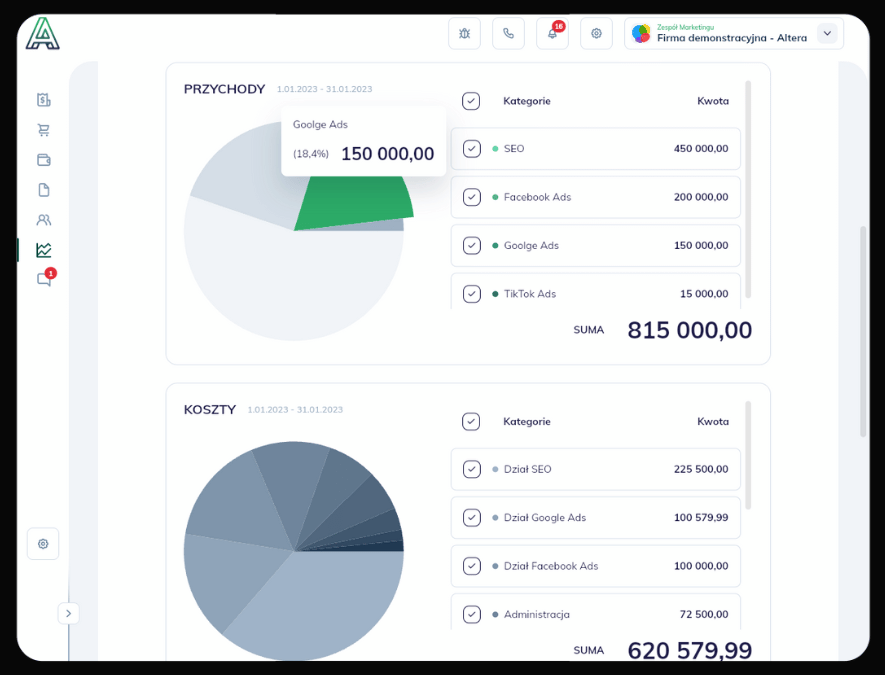 Altera.app financial controlling dashboard