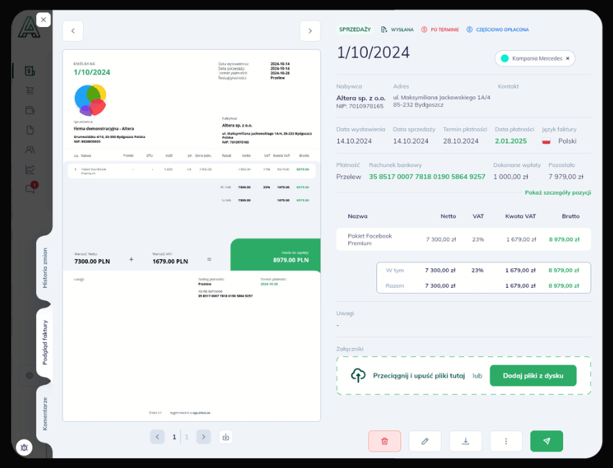 Sales invoice view in Altera.app